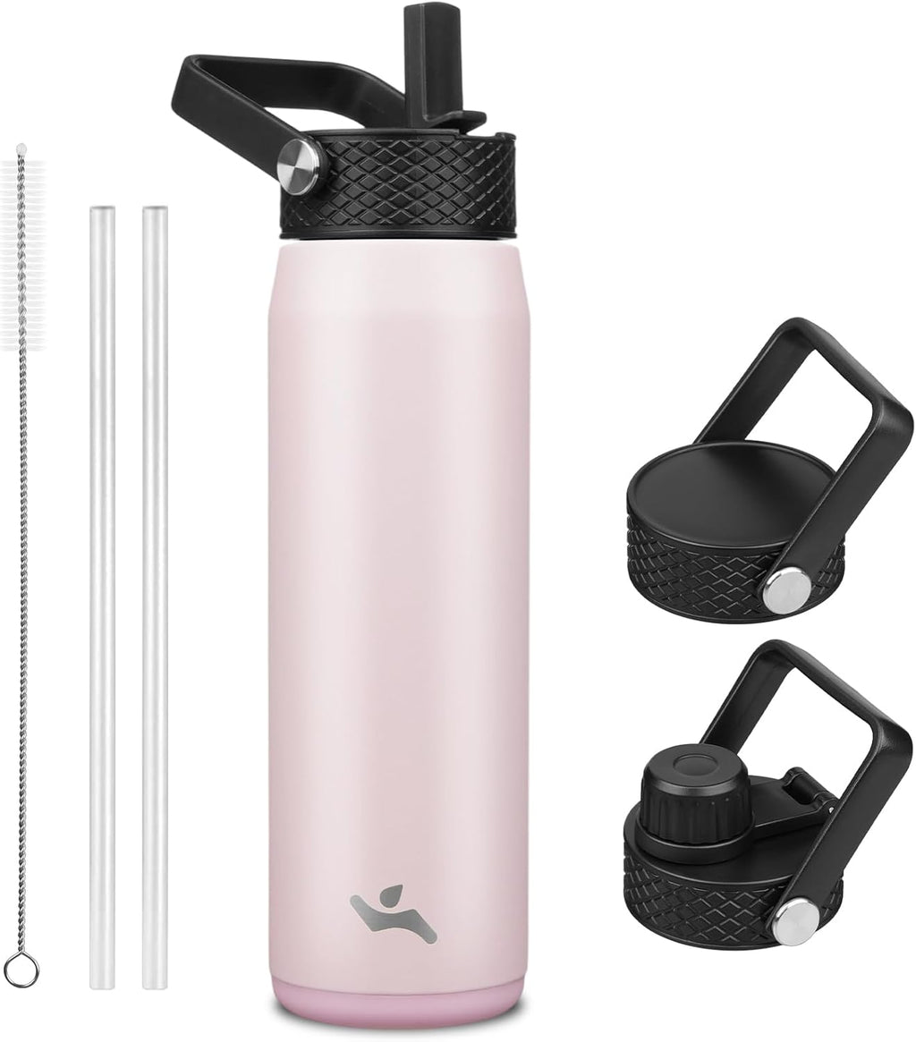 Skiennix 25oz Insulated Stainless Steel Water Bottle - Leakproof BPA-Free with 3 Lids | Pink