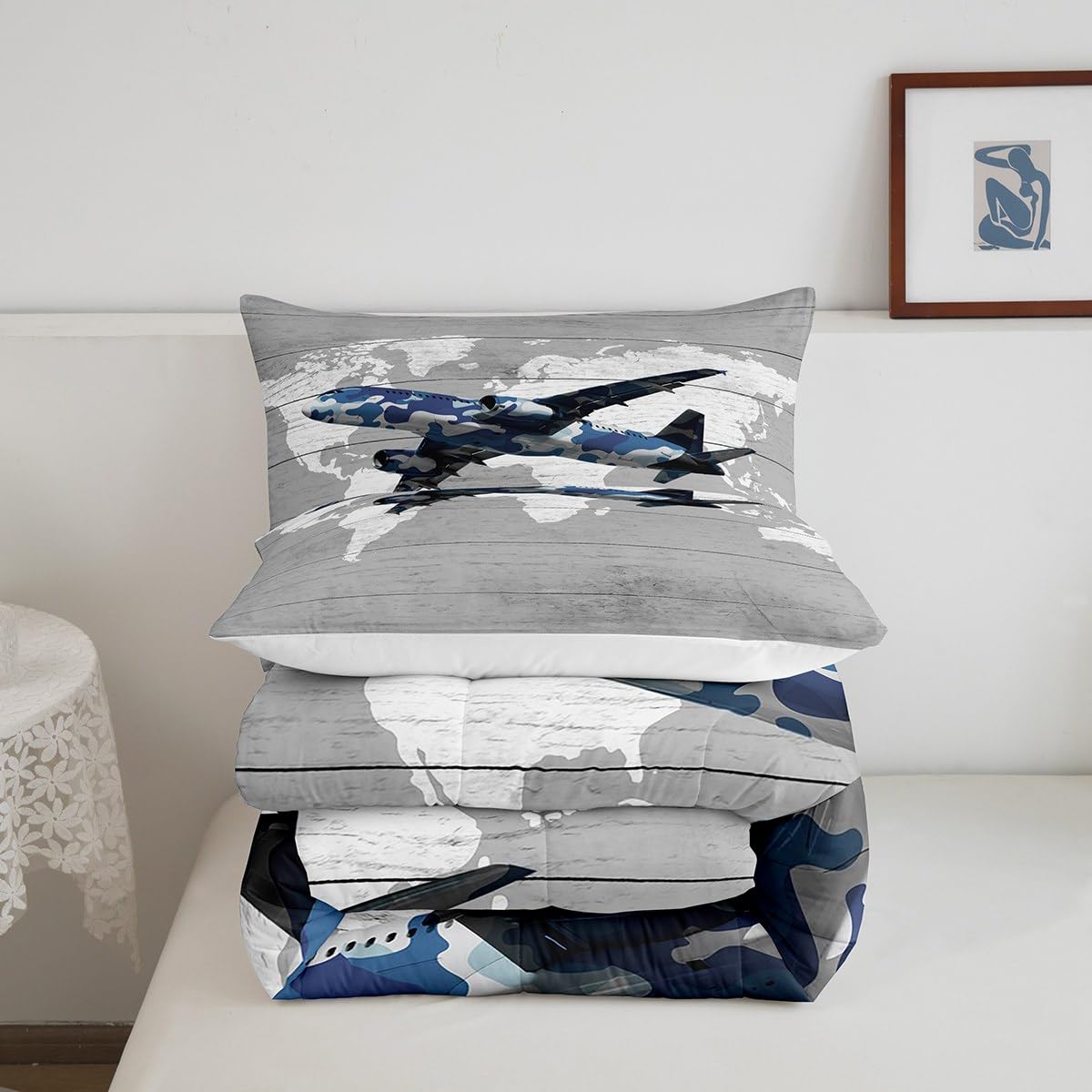 Erosebridal Kids Adult Airplane Comforter Set Full Size,Navy Blue Camo Plane Bedding Set for Toddler Boys Girls,Aviation Decor for Home Aircraft Comforter Set Breathable Map Quilt Bed Set 3Pcs
