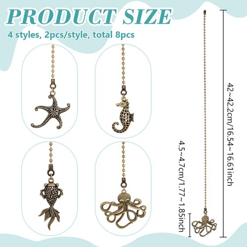 BENECREAT 8Pcs 4 Styles Ceiling Fan Pull Chain, Starfish Charm Pendant, Decorative Chain Extension Connector, Replacement Hanging Ornaments for Lighting Lamp, Home Decor