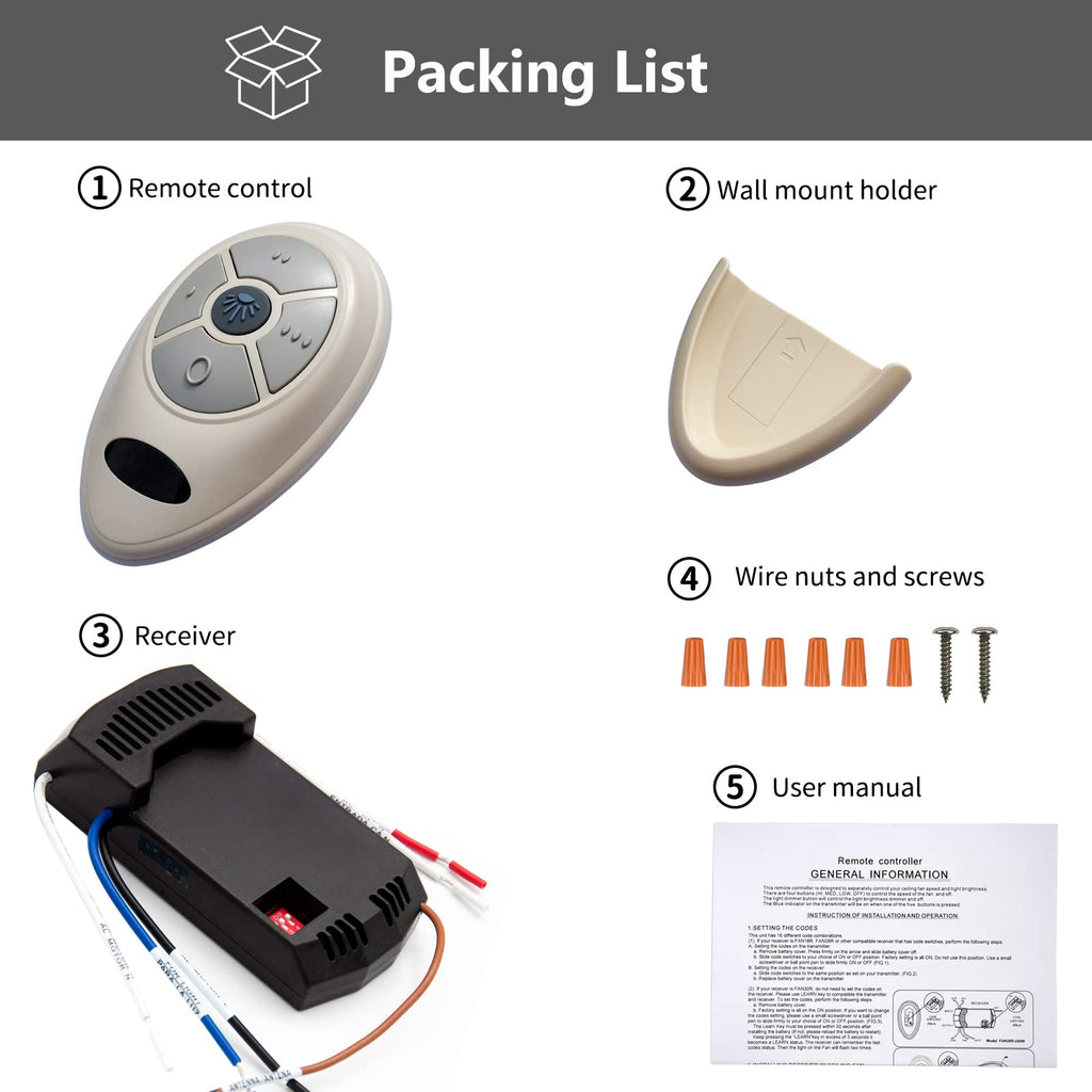 Universal Ceiling Fan Remote Control Kit for Harbor Breeze Hunter Allen Roth Hampton Bay,w/Receiver Light Dimmer 3-Speed, Replacement of L3HFAN35T1 35T1 L3HFAN35T 35T KUJCE9603 UC7202T CHQ7202T