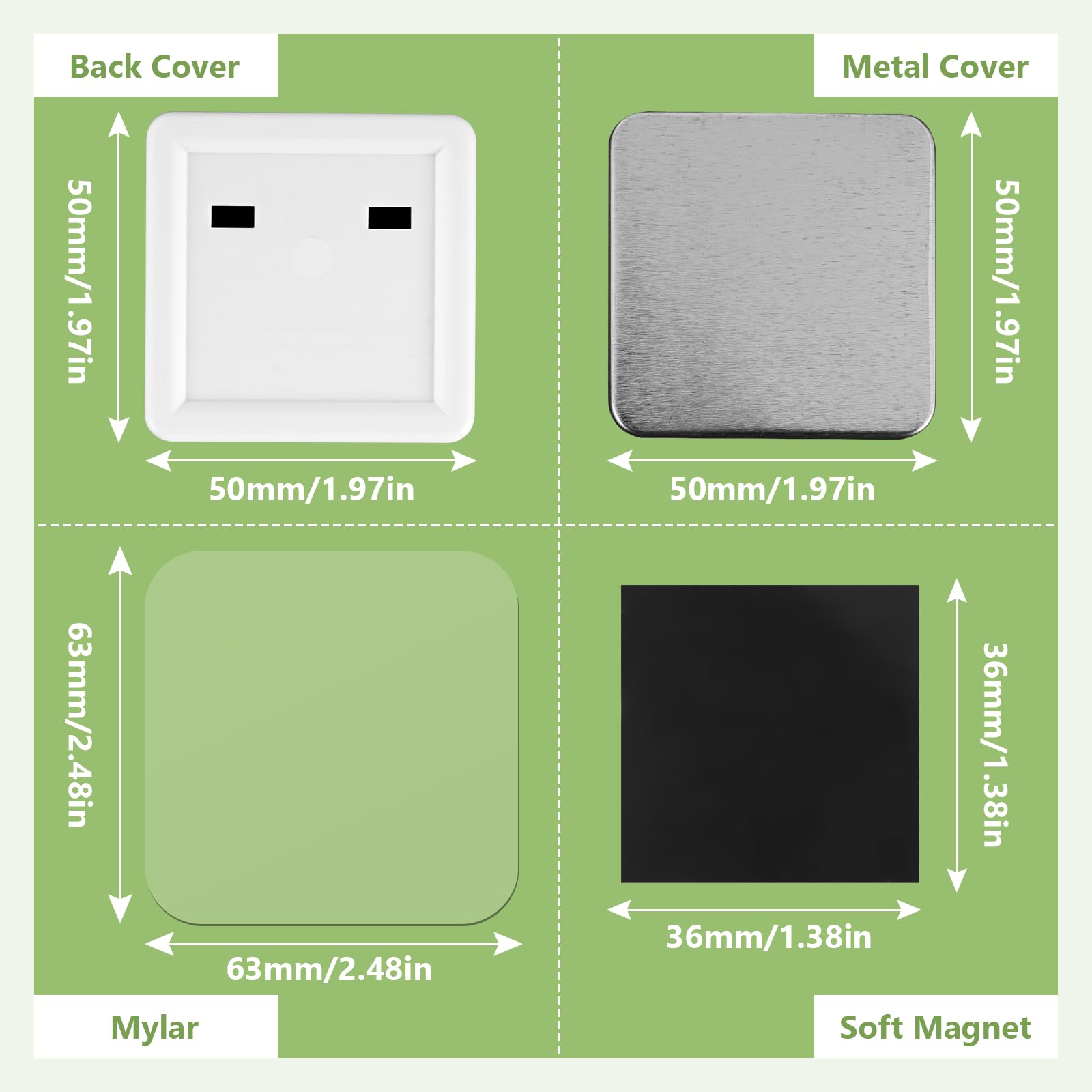 100 Sets 50mm Square Magnets Supplies 1.97 Fridge Magnet Maker Supplies DIY Fridge Magnets Making Set for Square Magnets Maker, Including Metal Cover, Mylar, Plastic Back Cover&Soft Magnet