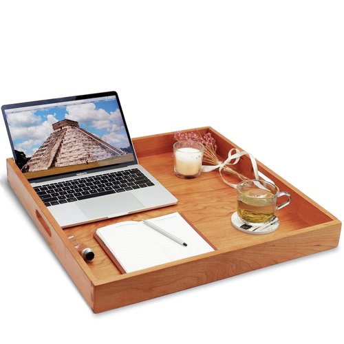 MAGIGO 22 x 22 Inches Large Square Cherry Wood Ottoman Tray with Handles, Serve Tea, Coffee or Breakfast in Bed, Classic Wooden Decorative Serving Tray