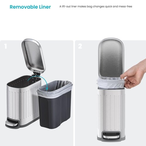 Home Zone Living 1.3 Gallon Small Trash Can with a Lid and Step Pedal, Stainless Steel with Slim Ribbed Design for Home and Office, Silver, 5 Liters
