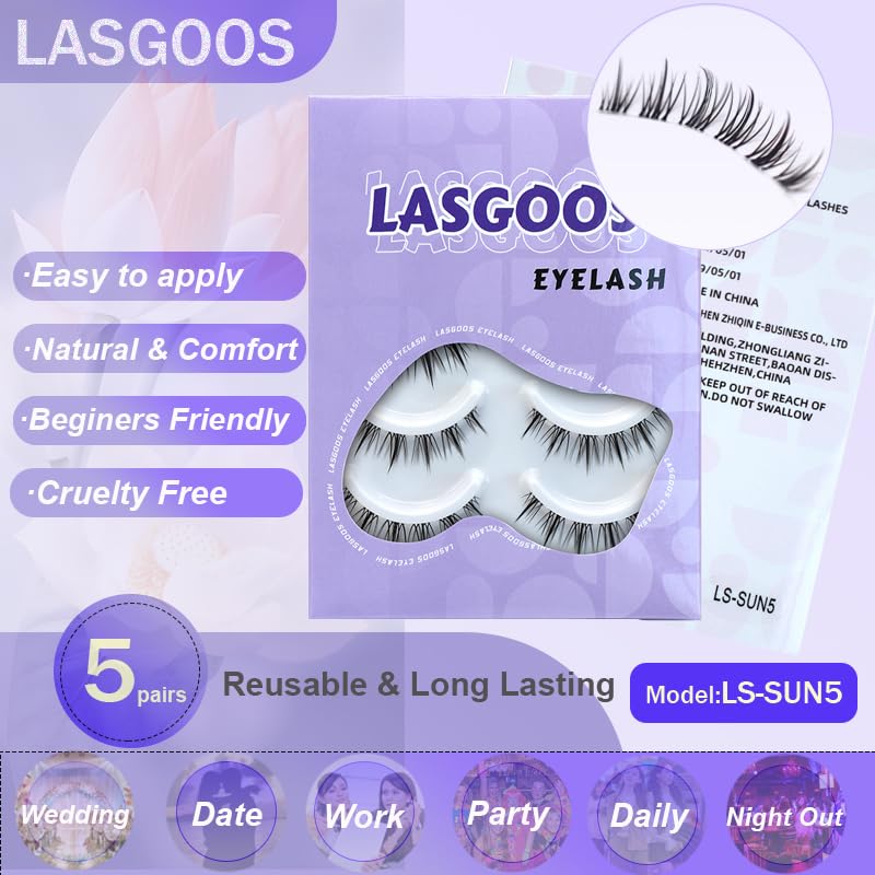 LASGOOS Natural Look False Eyelashes Clear Band 5 Pairs