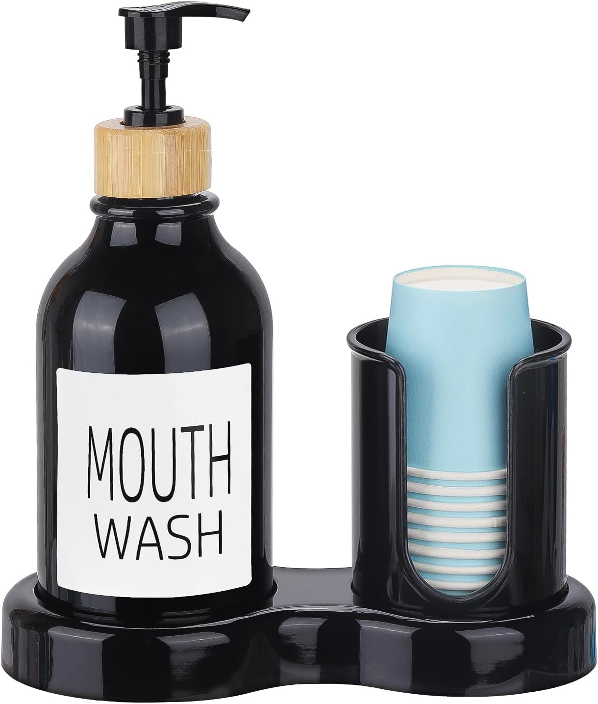 Skiennix Mouthwash Dispenser - 16oz Plastic Bottle with Cup Holder & Tray - Black