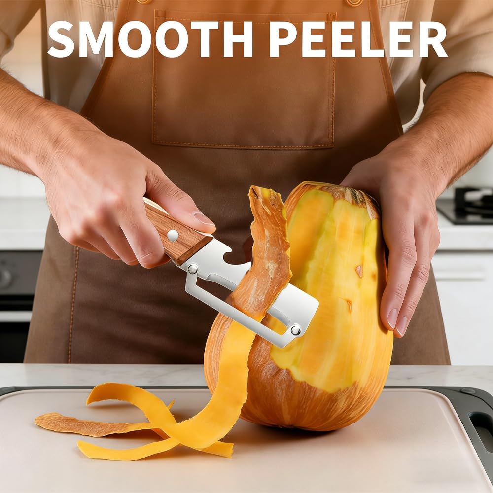 Skiennix Multi-Functional Vegetable Peeler - 2-in-1 Stainless Steel with Wooden Handle & Bottle Opener | Ideal for Potatoes, Pumpkins, Zucchini (2 Pcs)