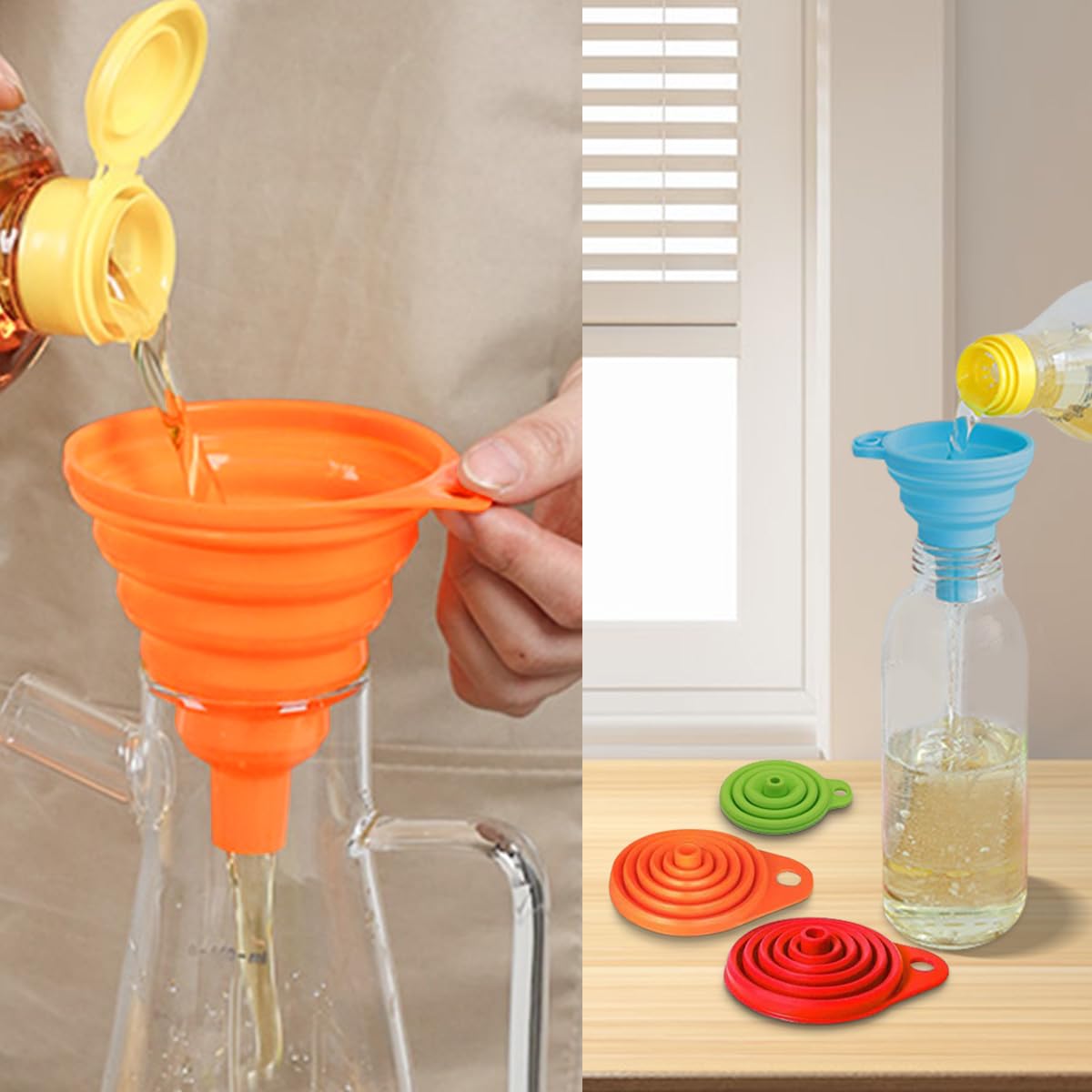Skiennix Kitchen Funnel Set - 4 Pack of Foldable Silicone Collapsible Funnels for Easy Liquid Transfer