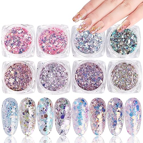 Holographic Nail Glitter Sequins 8-Box Set for DIY Manicure