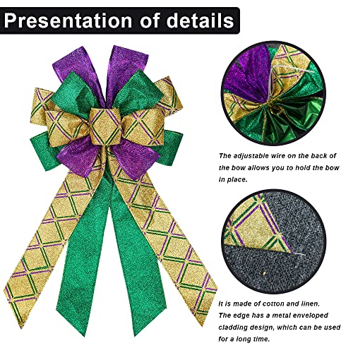 Large Mardi Gras Wreath Bow - Purple Green Glitter Plaid Carnival Decor