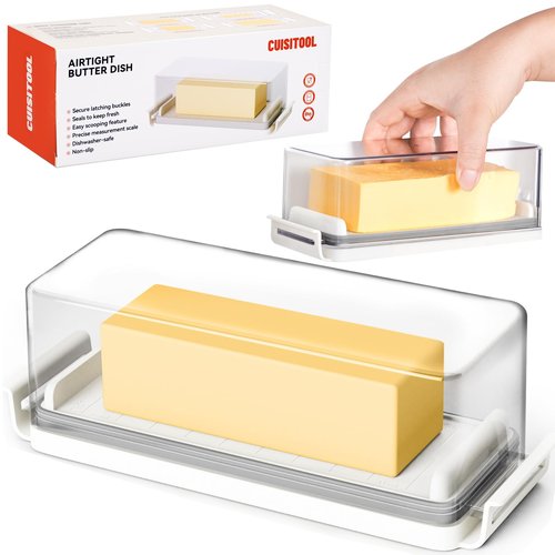 Airtight Butter Dish with Lid for for Countertop and Refrigerator Door Shelf, Butter Keeper with Safety Lock, Butter Holder for East/West Coast Butter, One Press to Close, BPA Free, Dishwasher Safe