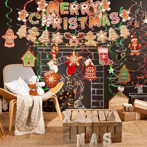 Gingerbread Christmas Decorations Set - Merry Christmas Banner & Hanging Swirls