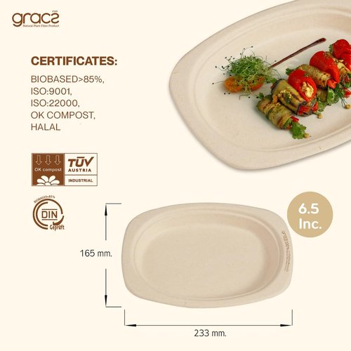 Gracz Disposable Plates - Oval Compostable Paper Plates 6.5-inch - Made from Renewable Sugarcane Fiber - For Home, Catering, Schools, Healthcare Facilities - Pack of 50