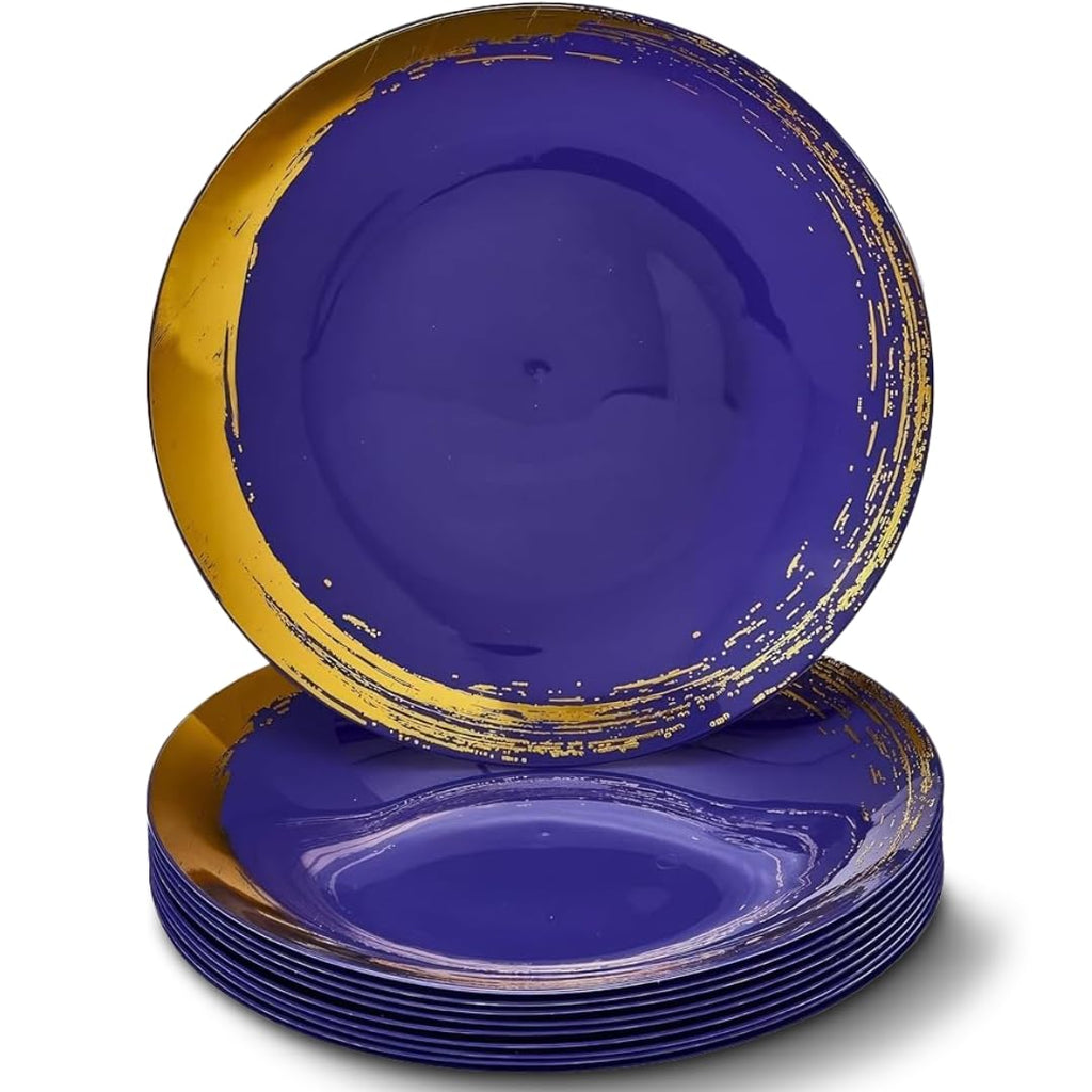 Silver Spoons Elegant Blue Disposable Plastic Dinner Plates with Brushed Gold Rim - 10.25" (Pack of 10) - Ideal for Weddings, Parties & Special Occasion
