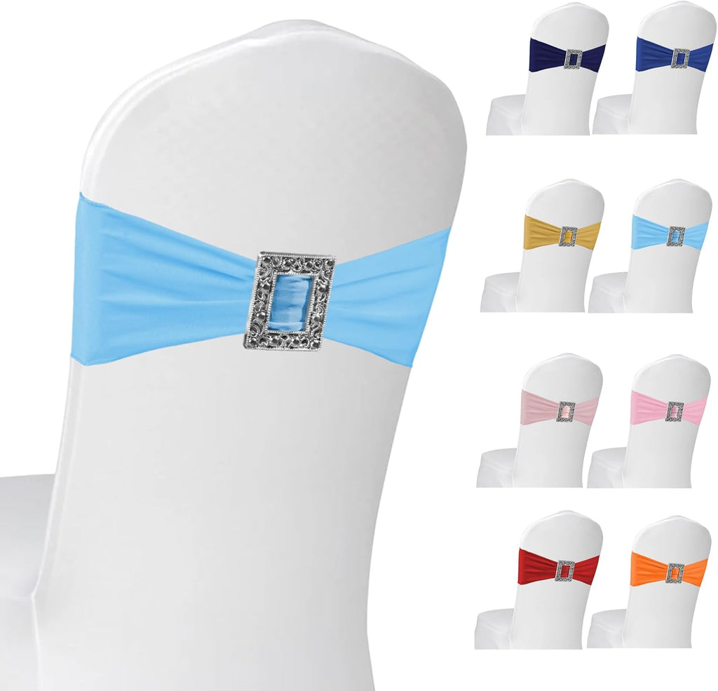 Skiennix 100 Pack Spandex Stretch Chair Sashes - Elastic Covers with Buckle Slider for Weddings & Events | Baby Blue