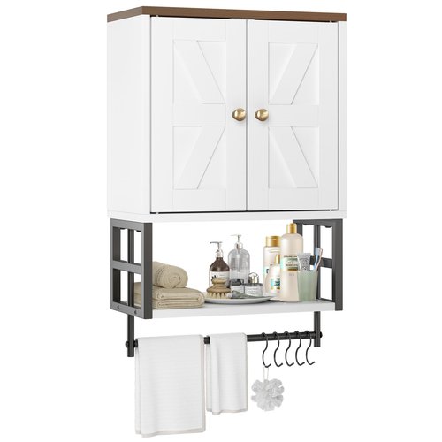 FUNHUKSON Farmhouse Medicine Cabinet - 3-Tier Wall Mounted Storage Organizer with Adjustable Shelves, Towel Bar, 5 Hooksfor Small Bathroom, Laundry Room, Over Toilet, Living Room, Bedroom (White)