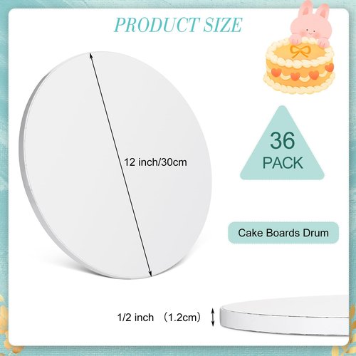 Layhit 36 Pack 12 Inch Cake Boards 1/2" Thick Round Cake Drum Sturdy Corrugated Cardboard Base Decorating Supplies for Wedding Birthday Party Heavy or Multi Layer, White