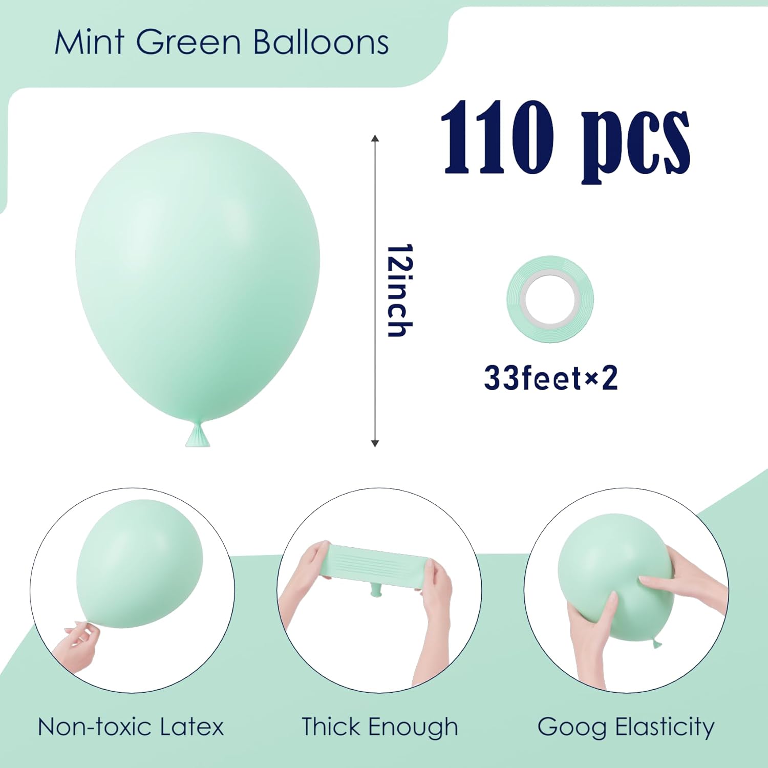 Voircoloria Mint Green Balloons - 12 Inch Pastel Latex for Baby Showers, Weddings & Parties