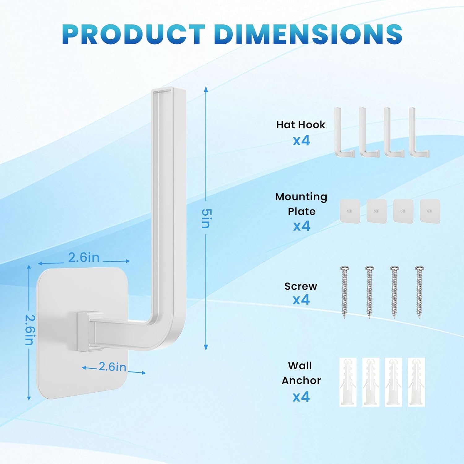 Skiennix Hat Hooks - 4 Pack Wall-Mounted Baseball Cap Organizer | Holds 40 Hats, White, 5 in