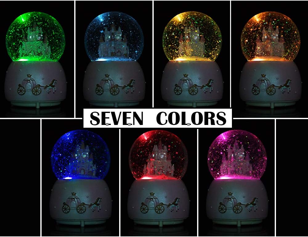 Skiennix Music Box - Crystal Carousel Rotating Unicorn Snow Globe with Colorful LED Light | Castle Pink