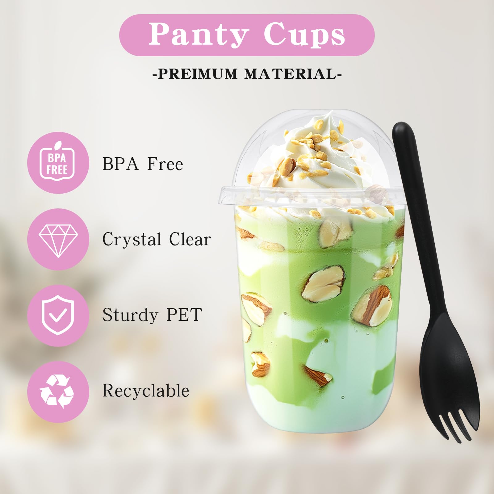 Kosotody 50 Pack 16oz Clear Plastic Parfait Cups with Dome Lids (No Hole) and Sporks Disposable Fruit Cups for Dessert,Yogurt,Pudding,Snacks,Fruits,Bakeries,Ice Cream