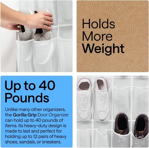 GORILLA GRIP Over The Door Shoe Organizer - 12 Large Breathable Mesh Pockets | Space-Saving Storage, 64H x 9.5W, White