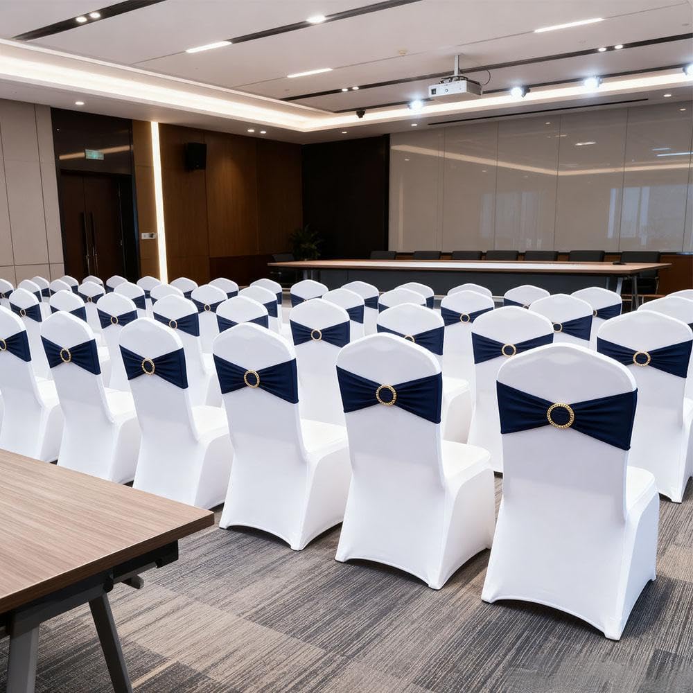 Regine Switzerland 50 Pack Navy Blue Chair Sashes - Elegant Gold Buckle Slider for Banquet Décor