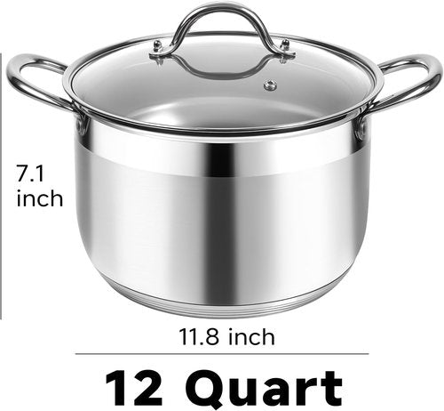 Kirecoo Stainless Steel Stock Pot - 12 Quart Heavy-Duty Cooking Pot with Visible Lid for Pasta & Soup