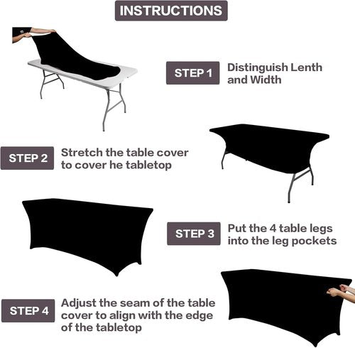 IVAPUPU 4FT Rectangular Table Covers - Stretch Black Washable Spandex for Events & Parties