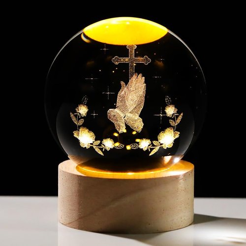 3D Crystal Crossing Hands Prayer Ball - LED Base Christian Night Light | 2.36-Inch Glass Cross Decor