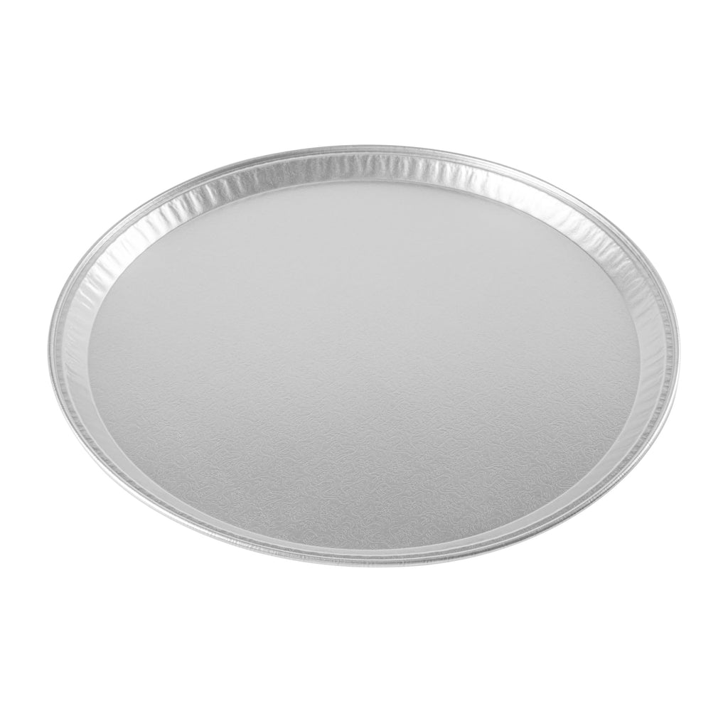 Restaurantware 18 Inch Pizza Trays, Round Foil Catering Trays 10 Count Aluminum Serving Platters with Engraved Pattern, Durable Greaseproof Presentation, Hot and Cold Food Safe, Silver