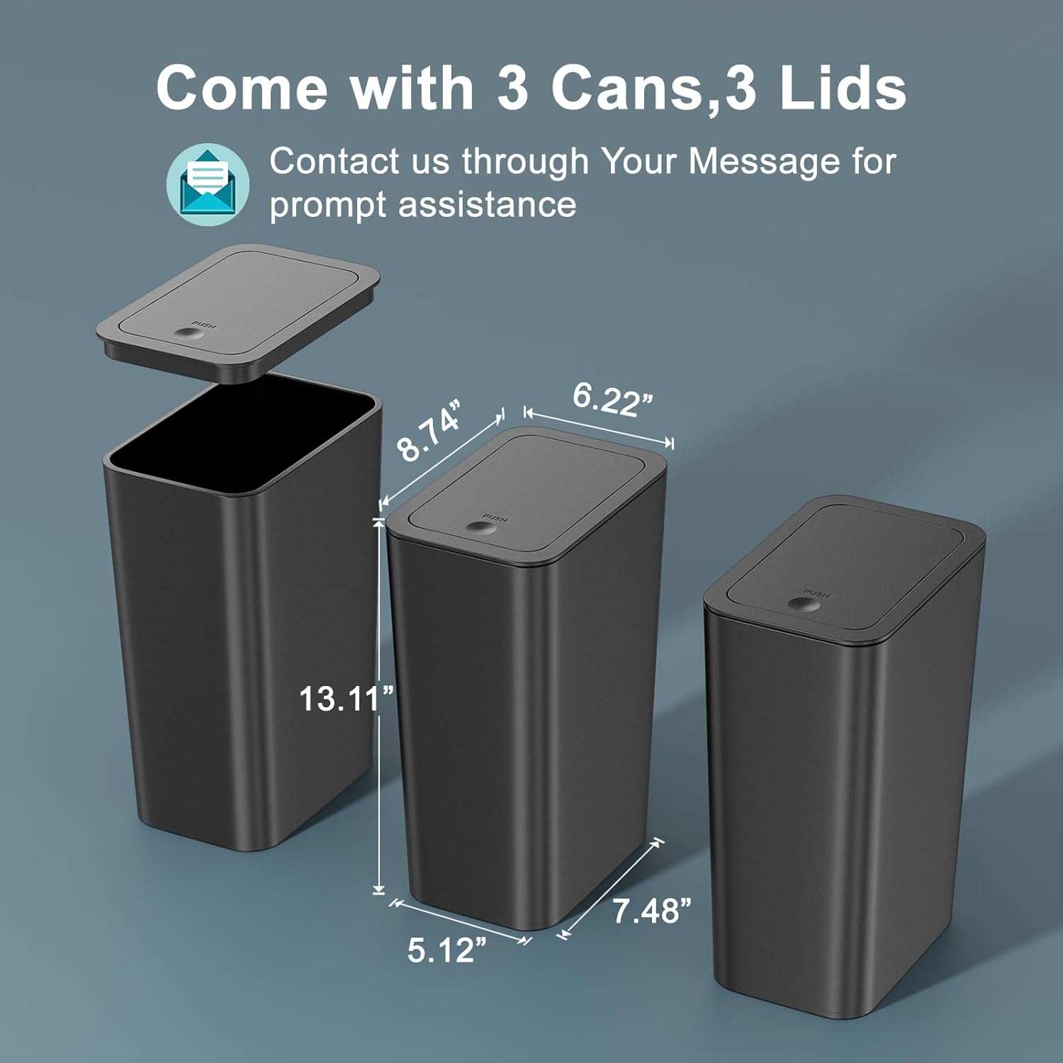 NETDOT 10 Liter Slim Trash Can - 3 Pack with Lid for Bathroom, Kitchen, Office | Black Waste Basket