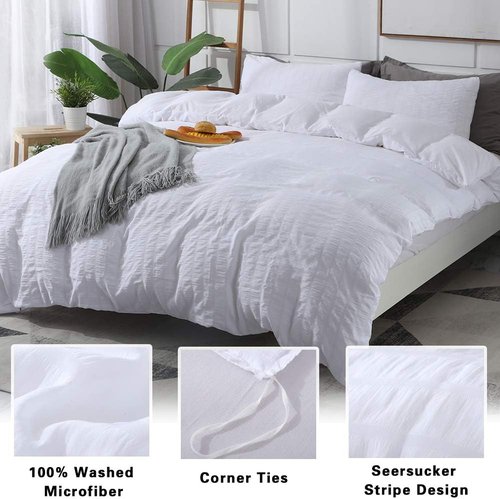 AveLom King White Duvet Cover Set - Ultra Soft Seersucker Microfiber | 3 Pieces with Zipper Closure & Corner Ties
