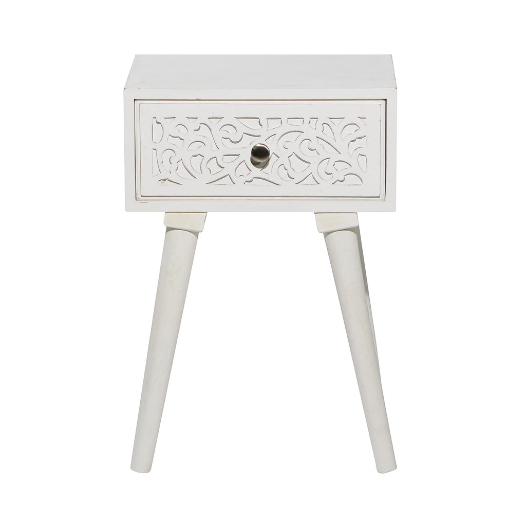 Deco 79 Mango Wood Scroll Side End Accent Table Intricately Carved Single Drawer End Table, Side Table 16" x 13" x 24", White