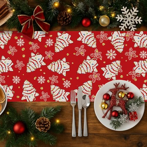 Christmas Tree Cake Table Runner Red 13x48 Inch Holiday Kitchen Dining Decor