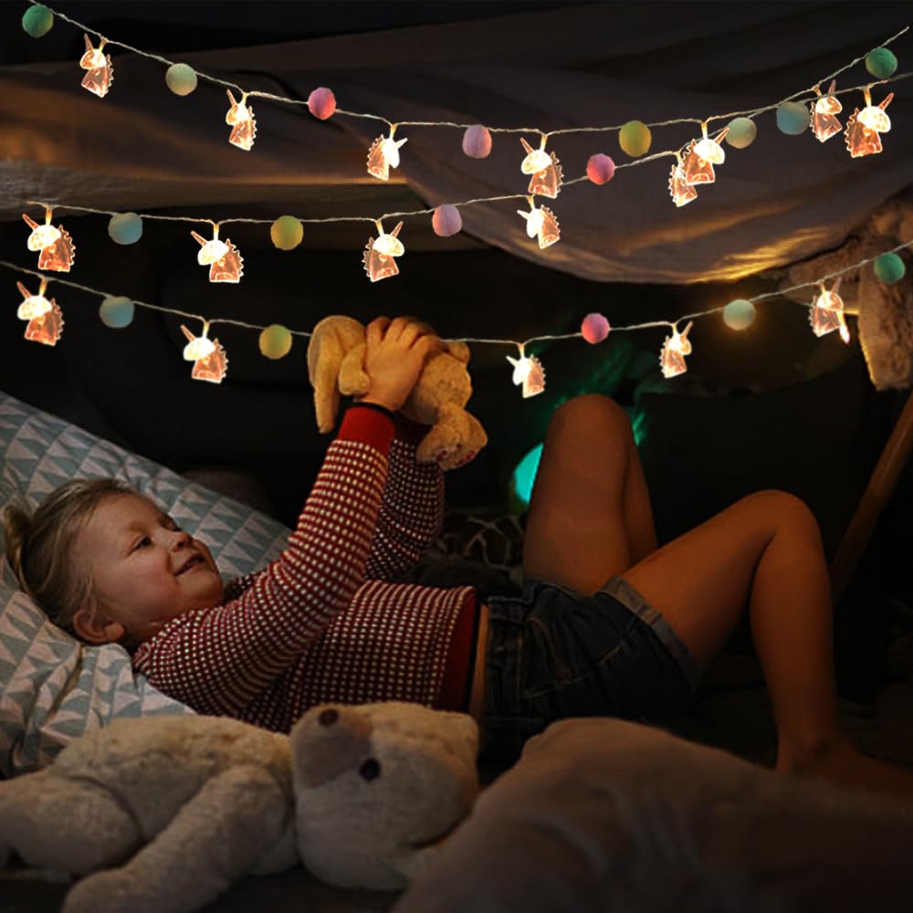 9.85FT Unicorn String Lights Cute Pom Poms Fairy LED String Lights Battery Operated with Timer Decor Lights for Kids Bedroom Birthday Party Kids Playhouse Wedding Valentine's Day Christmas Decorations