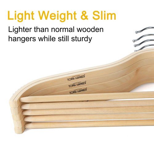 TOPIA HANGER Sleek Wooden Hangers with Non-Slip Rubber Grips, Sweater Hangers No Shoulder Bump, Lightweight Clothes Hangers 30-Pack, 360° Swivel Hook and Pants Bar-CT63N30