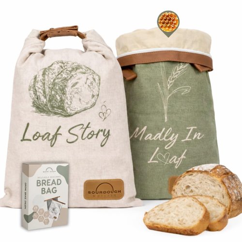 LOAF STORY Double Lock Reusable Beeswax Bread Bags Featuring NEW WIDE Comfort Zipper and Roll Top Velcro Closure, Fully Open XL Airtight Bread Storage for Freezer and Fridge, Gift for Bakers, 2 Pack
