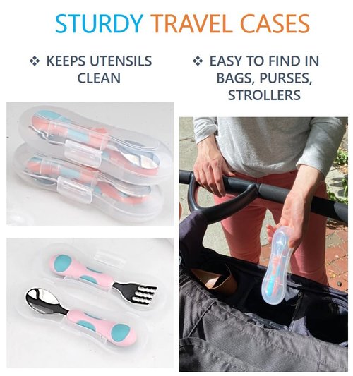 Toddler Silverware, Kids Utensils, Stainless Steel Forks Spoons Set with Travel Case for 1 2 3 4 year old. Metal Cutlery for Children, Girls Boys Baby, Round Handle 8 Pieces (4 sets) Pink Blue, Orange
