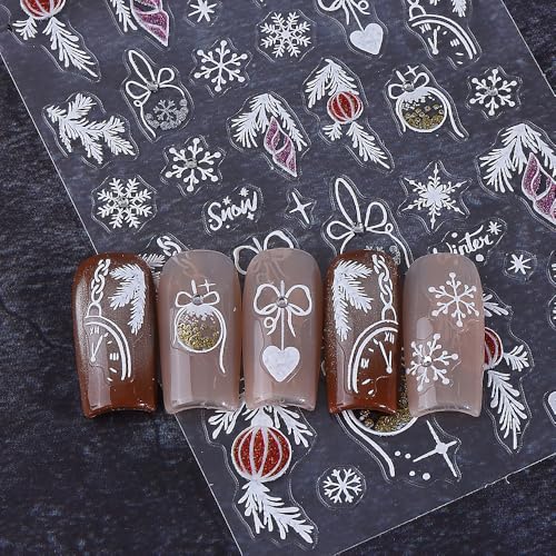 5D Embossed Winter Snowflake Nail Stickers Decals - 3 Sheets Christmas Holiday Nail Art Design