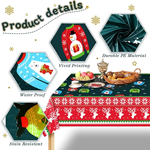 3 Pack Christmas Ugly Sweater Tablecloths - Plastic Disposable Holiday Decor