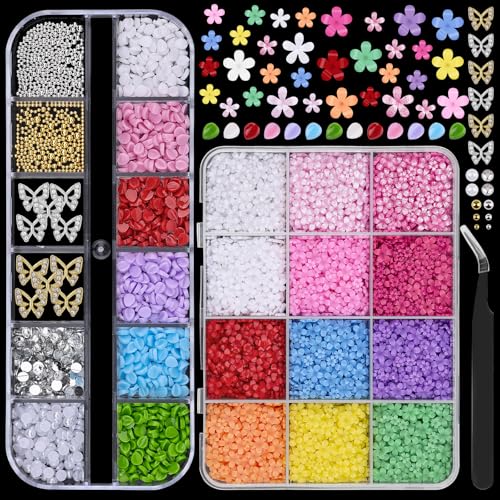 3D Flower Nail Charms Set with Tweezers, Acrylic Blossom Petals & Pearls
