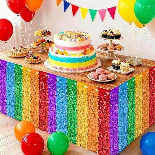 Rainbow Table Skirts - 2 Pack Tinsel Fringe for Party Decor