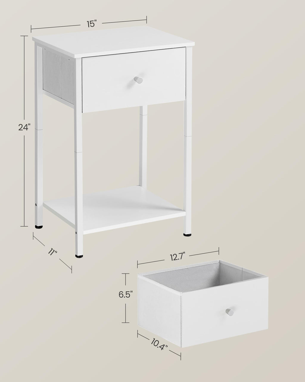 VASAGLE Nightstands, Set of 2 Side Tables with Fabric Drawer, 24-Inch Tall End Tables with Storage Shelf, Bedroom, White ULGS221W14