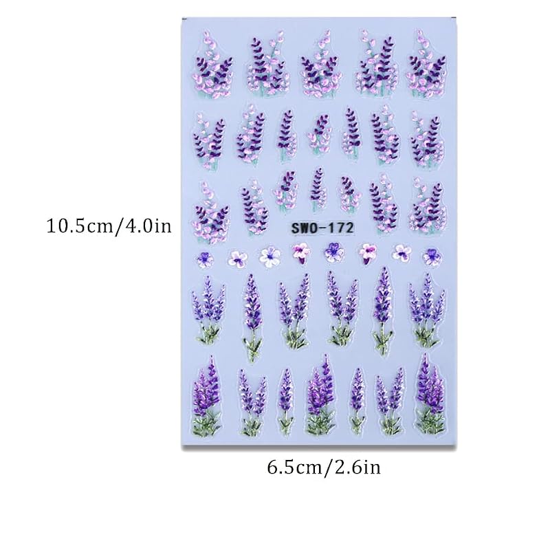 Guroenky 5D Embossed Lavender Nail Art Stickers Self-Adhesive Floral Decals