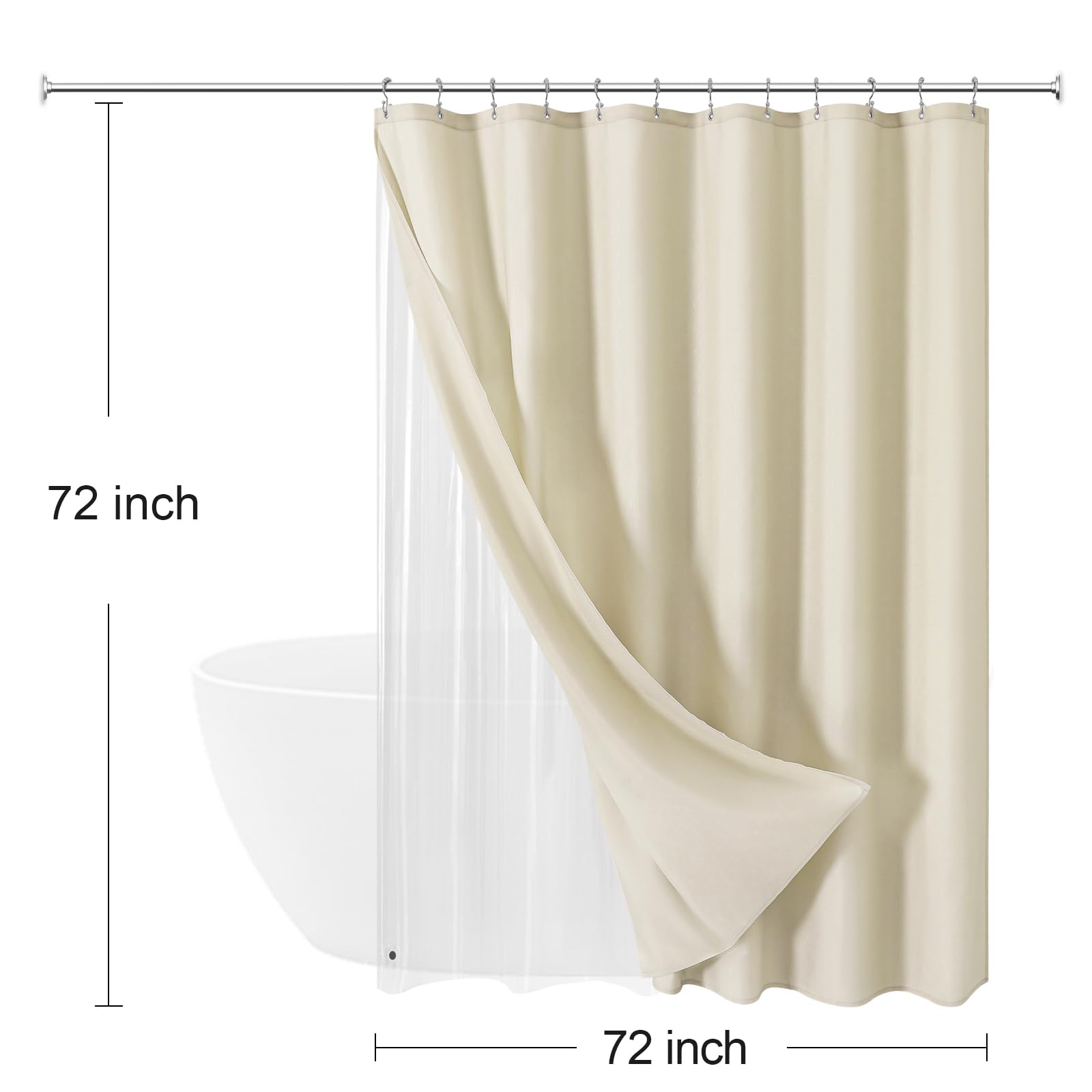 MitoVilla 3 in 1 Shower Curtain Set, Neutral Modern Slub Textured Fabric Shower Curtain and Clear PEVA Liner Set with 12 Double Sided Steel Hooks, Waterproof Fabric Hotel Bathroom Curtain-72x72