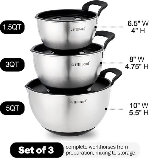 Hillbond Stainless Steel Mixing Bowls Set - 3 Bowls with Lids, Pour Spout & Non-Slip Bottoms | Black