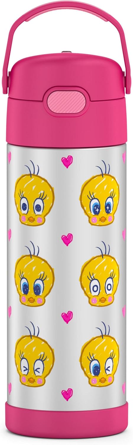 THERMOS FUNTAINER 16 Ounce Stainless Steel Vacuum Insulated Bottle - Wide Spout Lid | Looney Tunes Design