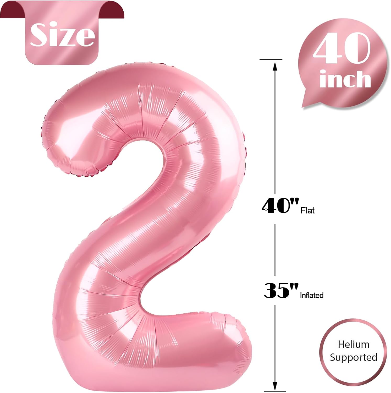Pearlescent Pink Number 2 Balloon - 40 Inch 2nd Birthday Decoration for Toddlers & Kids