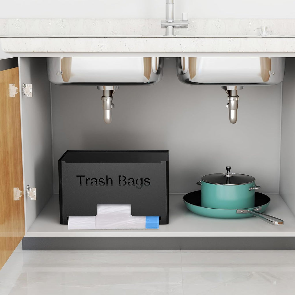 STWWO Large Trash Bag Holder - Metal Garbage Bag Dispenser for Kitchen Storage | Wall Mounted or Freestanding, Black