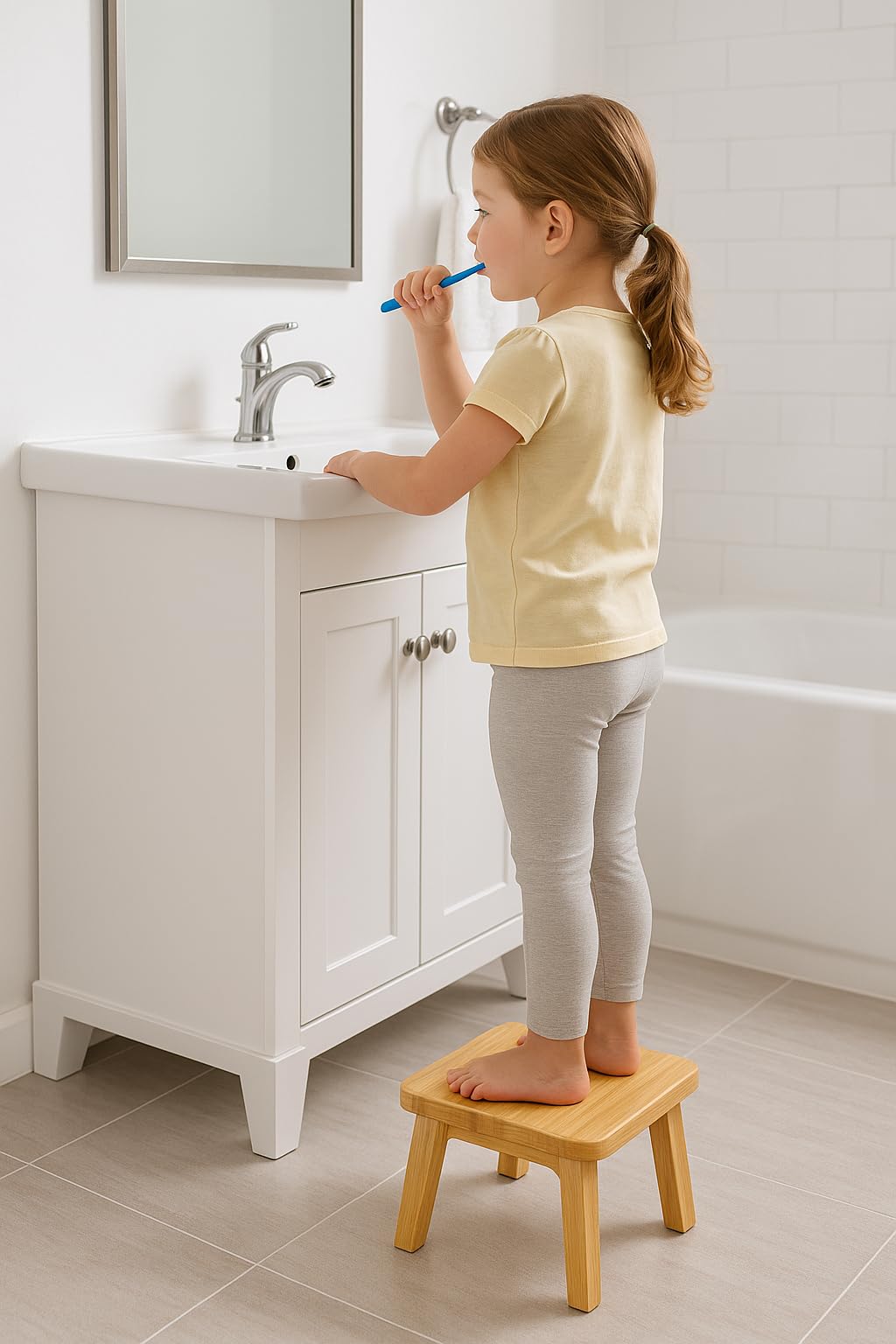 PELYN Small Wooden Step Stool for Kids – Mini Toddler Stool to Sit or Stand – Anti-Slip Bamboo Stool for Bathroom Sink, Potty Training & Kitchen